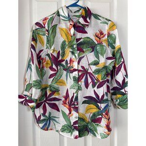 Chicos 00 US Sz 2 Tropical Print Button-Up Shirt 100% Linen Collared Top